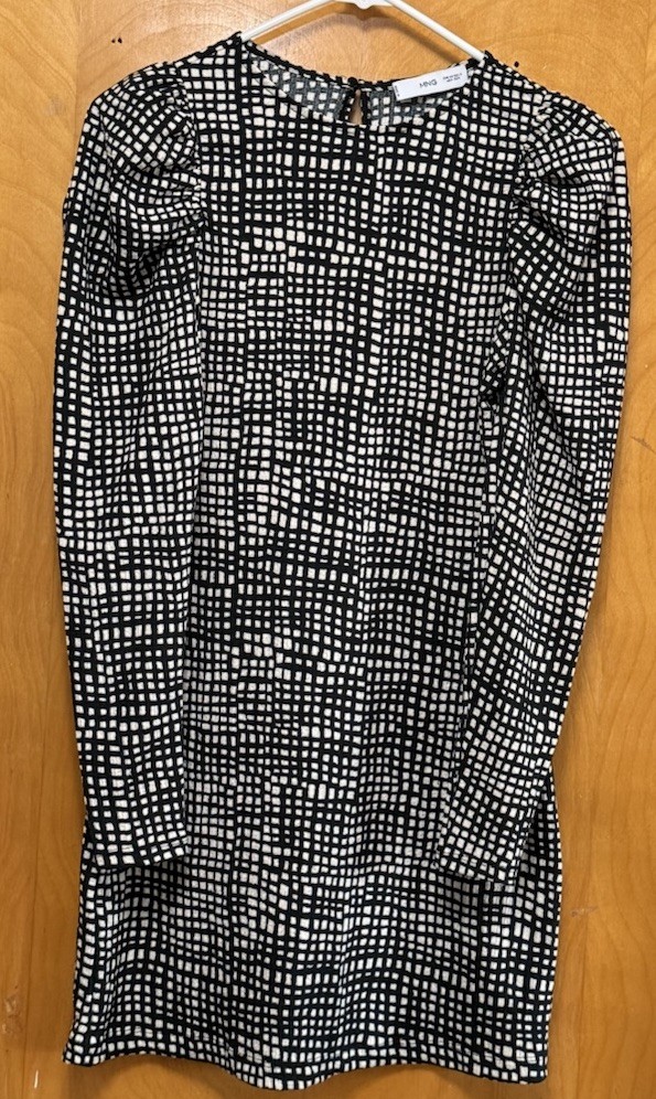 Mango Womens Sienna Long Puff Sleeved Textured Dress Monochrome Black Ecru XS thumbnail 3