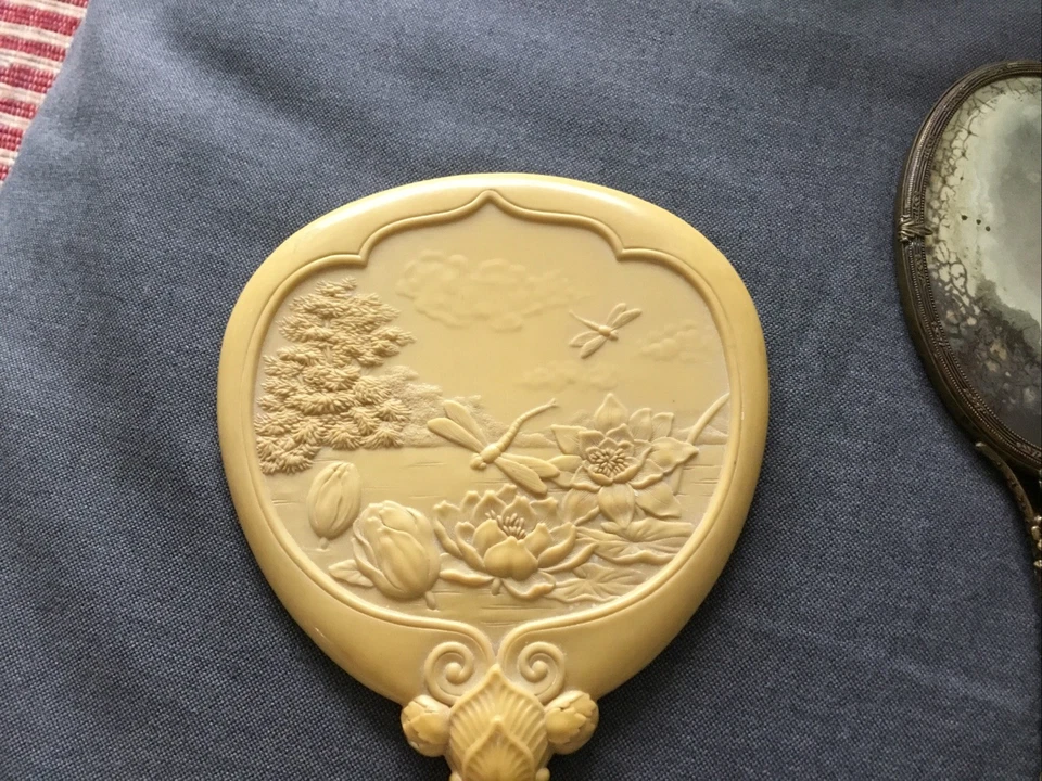 2 Antique Hand Mirrors, Celluloid W/Dragonflies, Brass With Encased Butterfly - Image 3 of 4