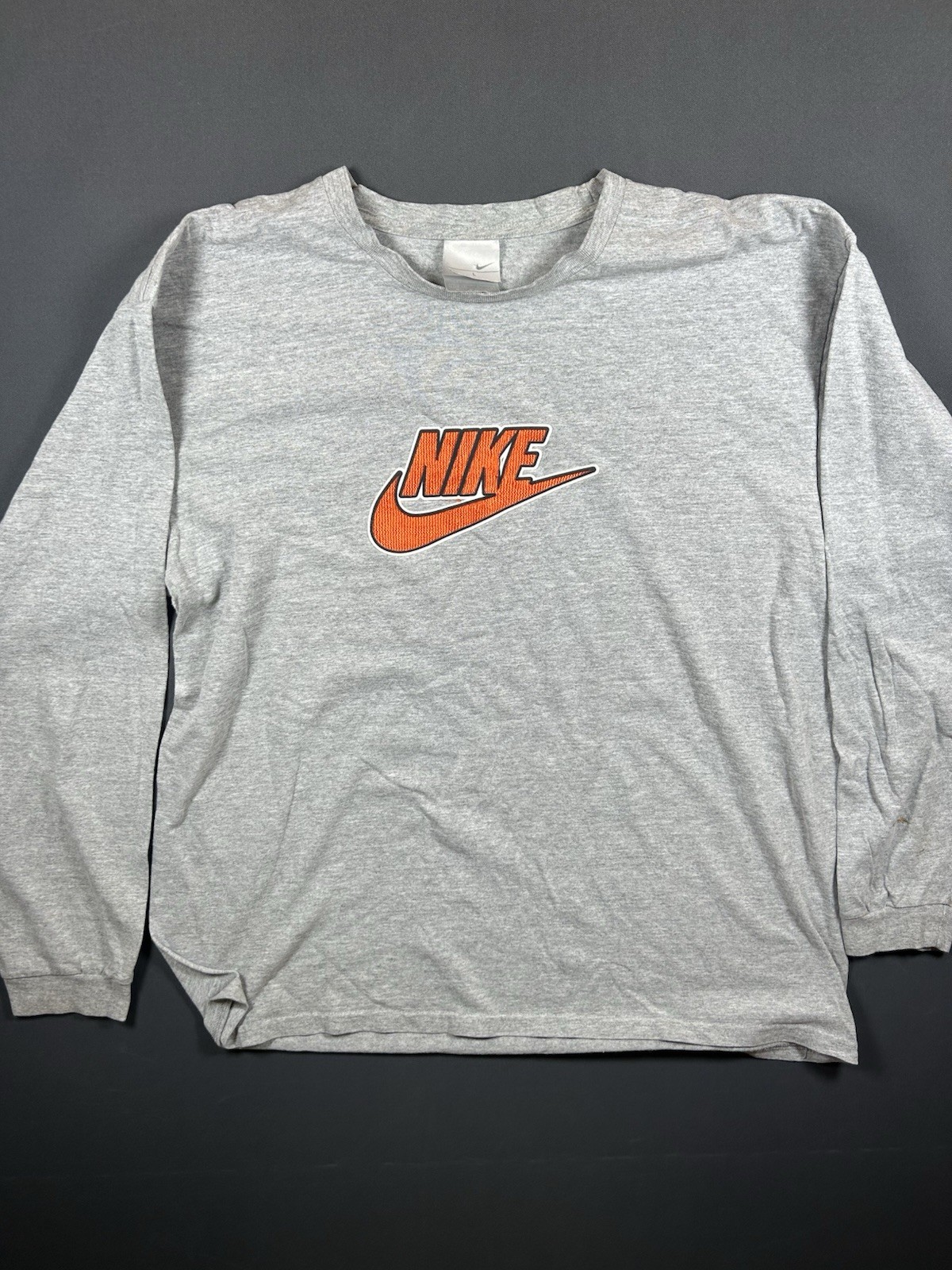 Vintage Nike Shirt Men L Gray Tee Long Sleeve Big Swoosh Spell Out Y2K 00s UU
