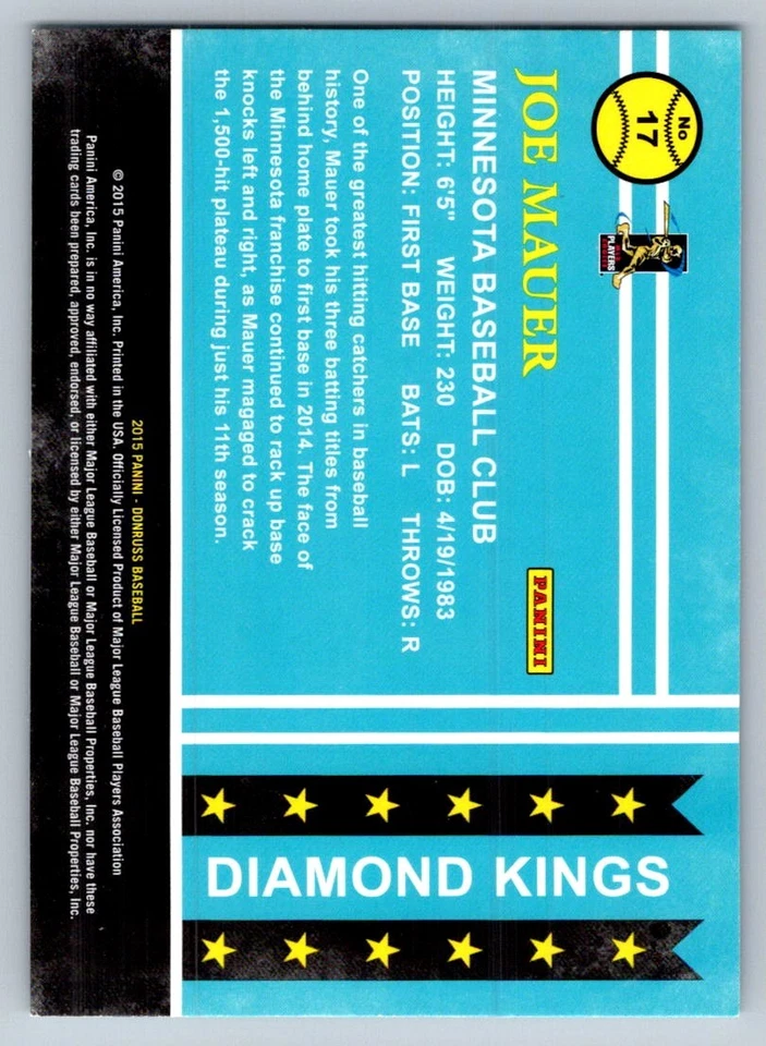 2015 Donruss Diamond Kings Joe Mauer 17 - Image 2 of 2