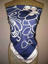 NINA RICCI Signed Large VTG Silk Scarf Navy Blue White Abstract Hand Rolled