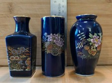Cobalt Blue Porcelain Miniature SET OF 3 Vases w/Gold Trimmed Designs-SHIPS ASAP
