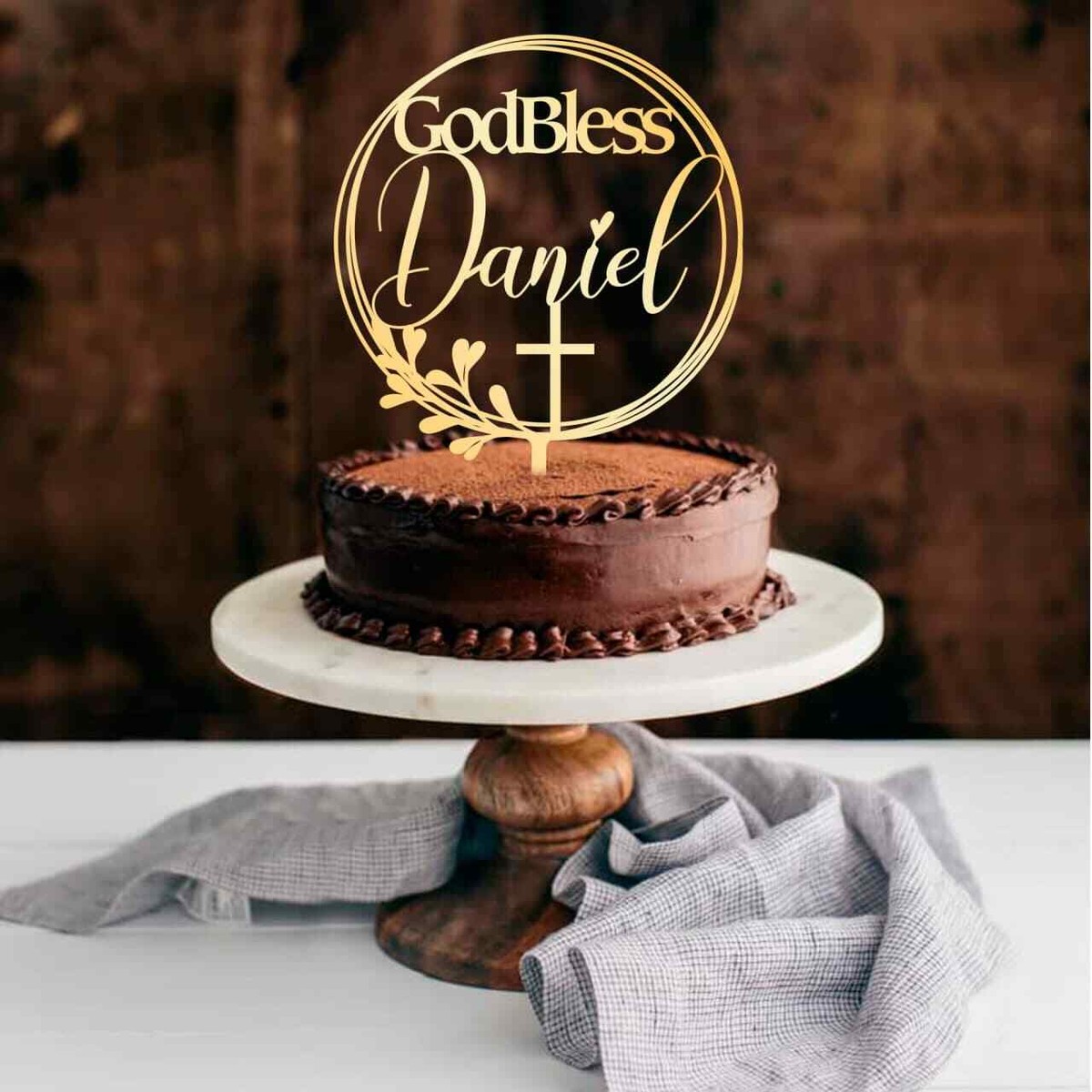 Personalized God Bless Cake Topper Happy Birthday Custom Name Wood Wreath  Gold