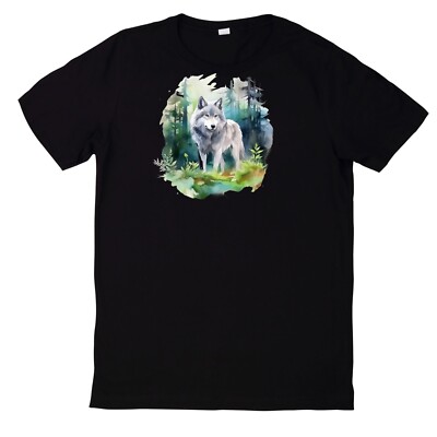 Watercolour Wolf Motif Cotton T-Shirt