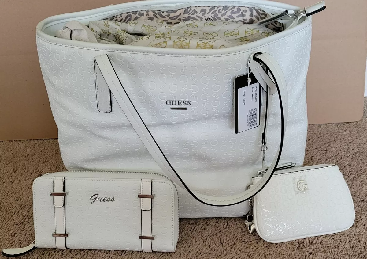 GUESS Los Angeles White Tote with matching Wallet and Coin Pouch