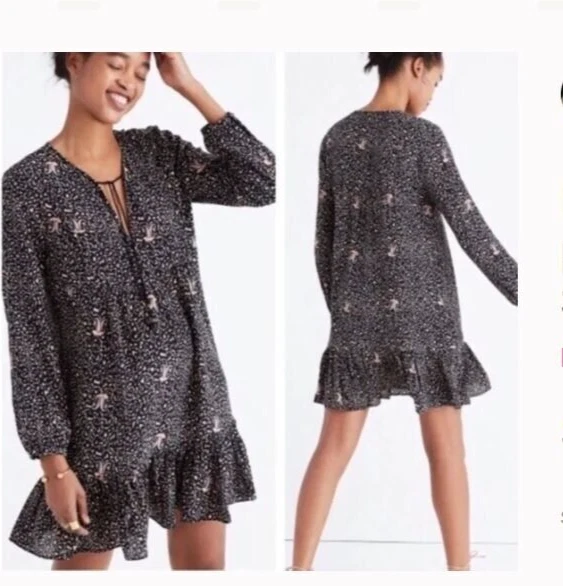 Vestido corto Madewell poliéster negro seda fiesta cachemira manga larga para mujer 2 Foto 2 de 4