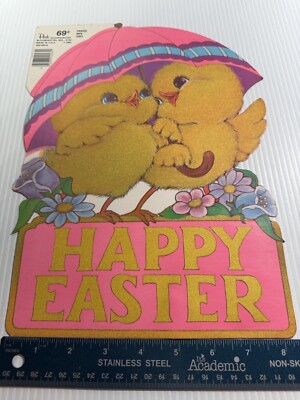 Vintage Die Cut Happy Easter Holiday decoration 2 Baby Chicks Under An Umbrella