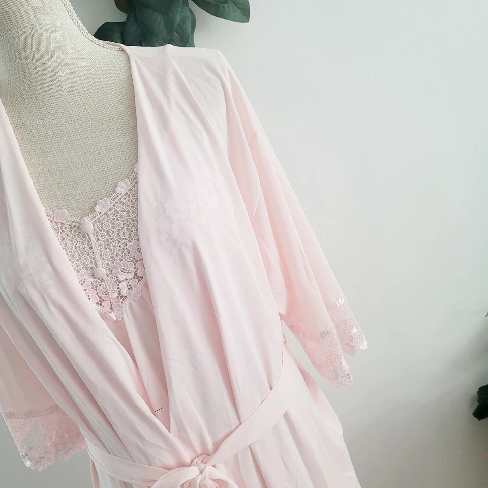 Shadowline Vintage Nylon Peignoir Pink Long Lace Sleevless Night Gown Robe Set S - Image 2 of 4