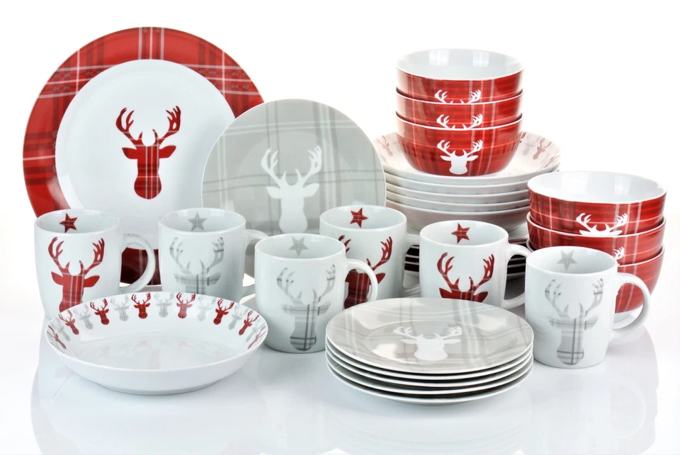 Geschirr Kombiset HIGHLAND STAG 30tlg/6 Pers Karo rot/weiß/grau Porzellan Retsch
