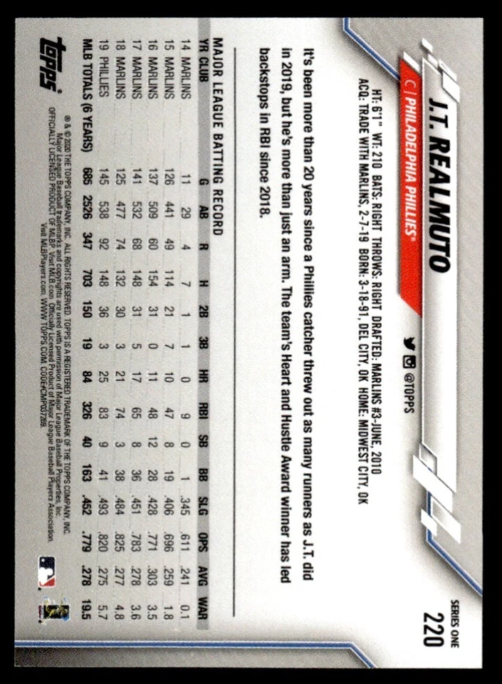2020 TOPPS MINI PINK /25 J.T. Realmuto Philadelphia Phillies #220 - Image 2 of 2