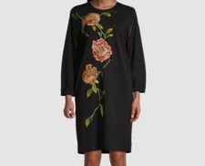  595 Natori Women's Black Floral-Embroidered Ponte Shift Dress Size L