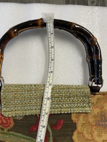 Tapestry KD Handbag Purse bamboo Handle Brown Floral Green Weave Flap Red Brooch - Picture 8 of 12
