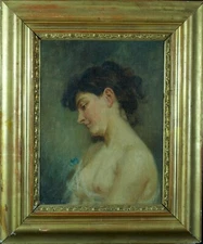 Vintage Art Nouveau Painting Of Young Woman Profile Nude J.F Galey Biarritz