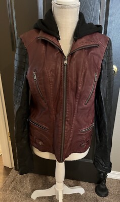 BKE Buckle Jacket Womens Large Hooded Faux Leather Full Zip Casual Moto
