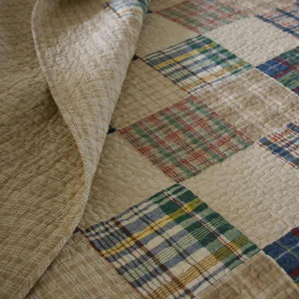 CLASSIC REVERSIBLE BEIGE BROWN BLUE GREEN RED COUNTRY CABIN PLAID QUILT SET NEW! - Image 2 of 2