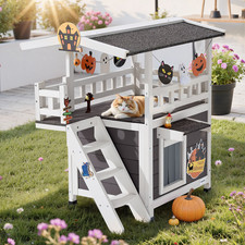 Outdoor Cat House, 2-Story Wooden Cat Shelter with Stairs  Balcony, Elevated Fe
