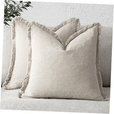Set of 2 Decorative Linen Fringe Throw 24" x 24" Pack of 2 Natural Beige