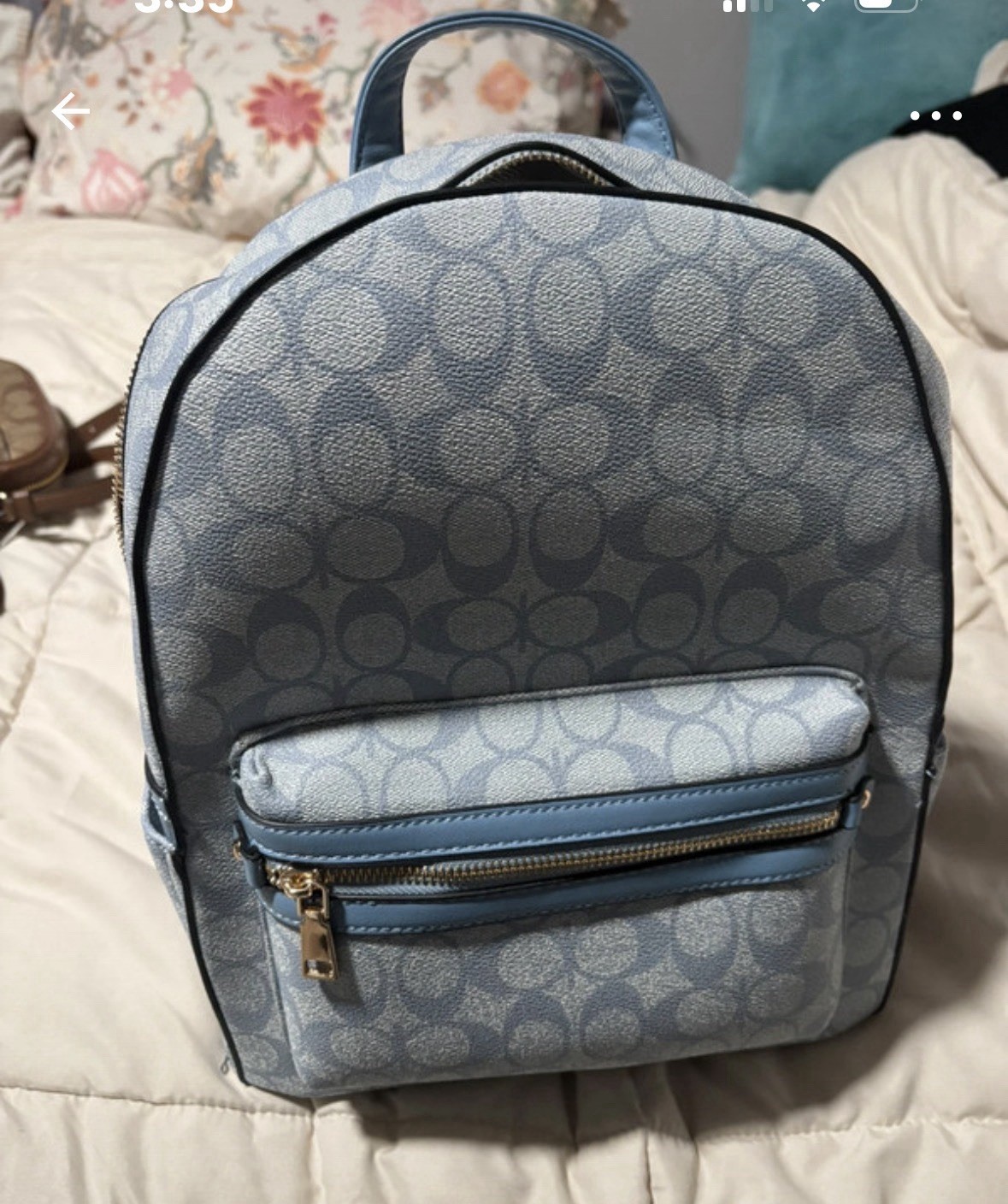 Classic Fashion Light Blue Logo Backpack Women Zip Gold Hardware Outer Pockets