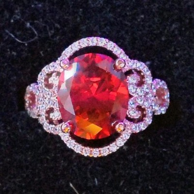 Oval Red Gemstone & Rhinestone Halo Cocktail Ring Silver Tone Prong Size 9
