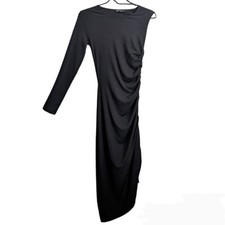 Zara Black One Shoulder Long Sleeve Bodycon Side Ruched Midi Dress Stretchy S