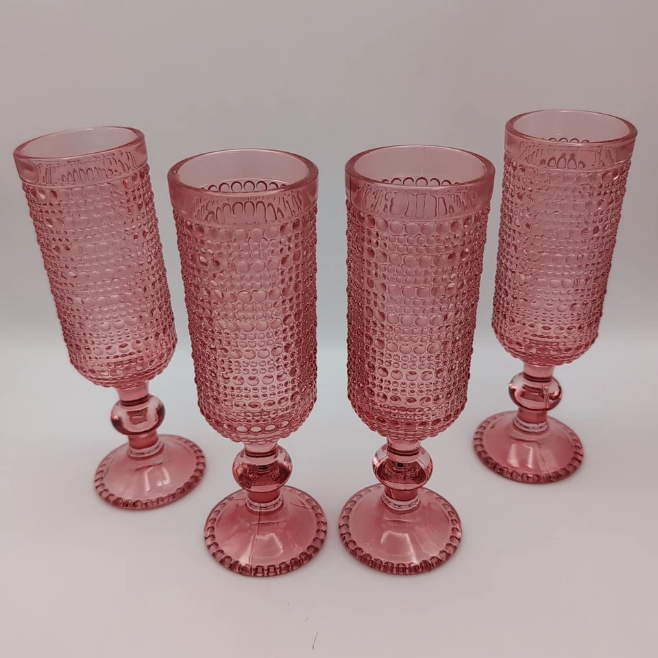 4 Pcs VTG Champagne Flutes, 5 oz Pink Goblet Champagne Glasses, Hobnail Drin.. - Image 3 of 4