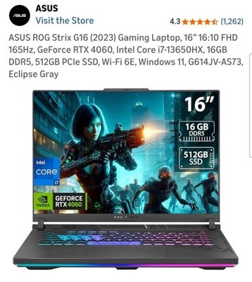 ASUS ROG Strix G16 Gaming Laptop i7-13650HX RTX 4060 16GB 512GB SSD 16'' 2560x16 