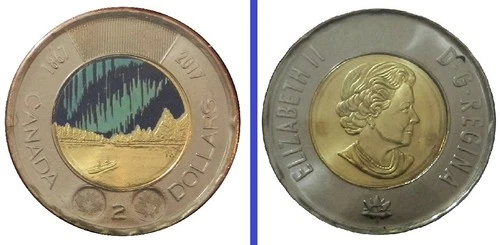 2017 2$ DANCE OF SPIRITS NORTHERN LIGHTS CANADA AURORA🍁💲 Dollar Coin colored