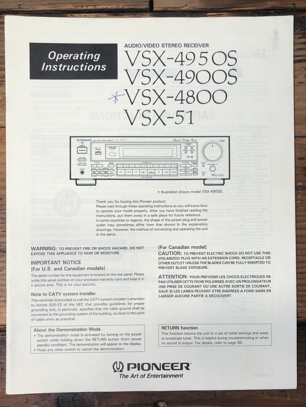 Pioneer VSX-4950S -4900S -4800 -51 Receiver Owners / User Manual *Original*