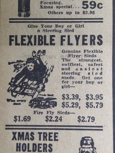DEC 17, 1934 NEWSPAPER PAGE #2680- FLEXIBLE FLYER SLEDS- $3.39, STRONG AND SWIFT