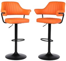 SET OF 2  PLUSH ORANGE BAR STOOLS GAS LIFT BREAKFAST BAR PADDED ARMS & BACK