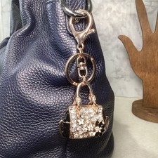 2-Way Black Floral Rhinestone Handbag Charm - Key Chain Rose Gold Tone EUC
