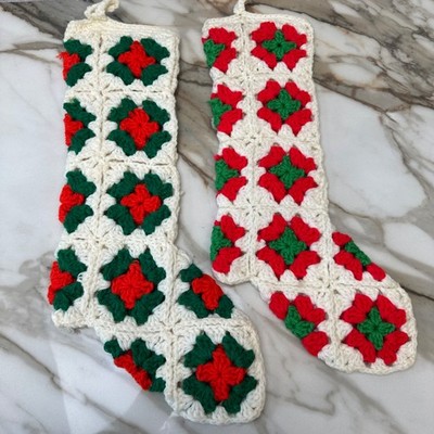 Pair Of 2 Vintage Crocheted Christmas Stocking MCM Granny Square Crocheted