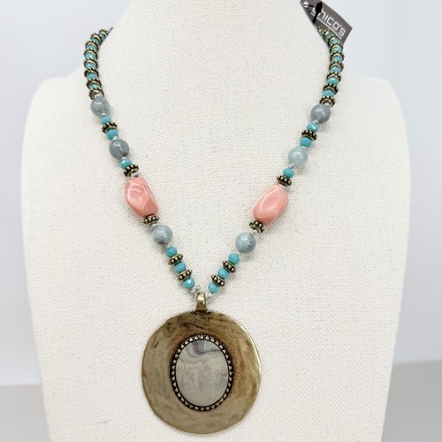 Chicos Medallion Necklace Brass Pendant Beaded Statement New Boho