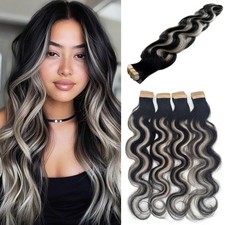 Body Wave Tape in Hair Extensions Human Hair, Natural Black Hair Balayage Grey H