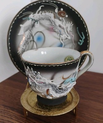 Japanese Demitasse Dragonware Tea Cup and Saucer Double Nude Geisha Lithopane.