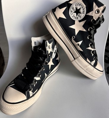 Converse All-Star Women Shoes Sz 8 Platform Hi-Tops Large Stars Black Beige