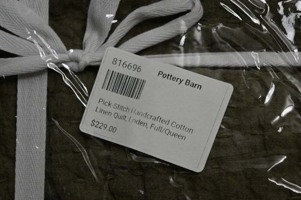 Pottery Barn Pick-Stitch Handcrafted Cotton Linen Quilt, F/Q 92" x 88" Loden New - Image 3 of 4