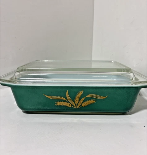Vintage Promotional Pyrex Green Gold Wheat Casserole Dish With Lid # 575 -B 2qt