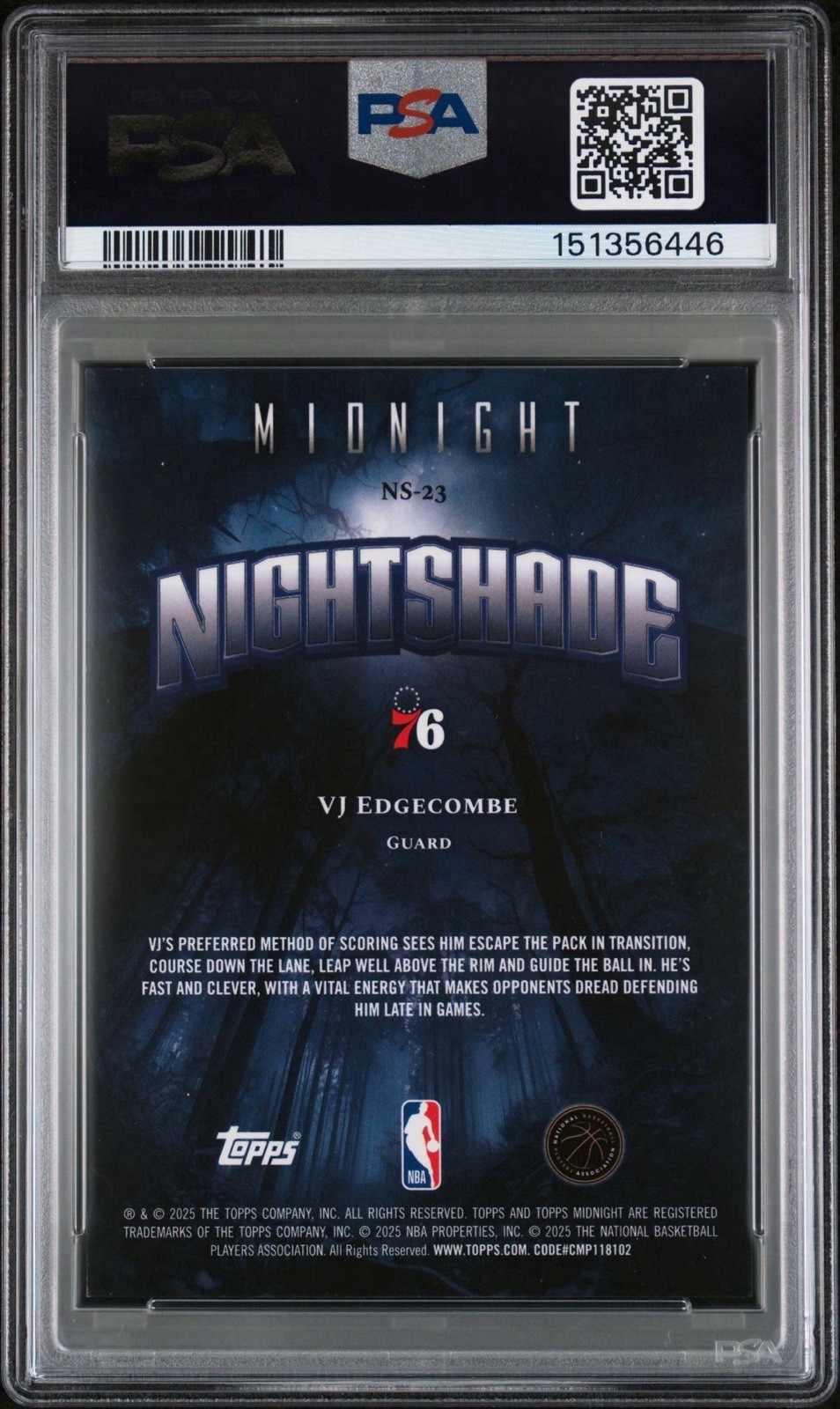 Pop 1 VJ Edgecombe Case Hit Nightshade (RC) PSA 9 Philadelphia 76ers SSP = 1/1 view 3