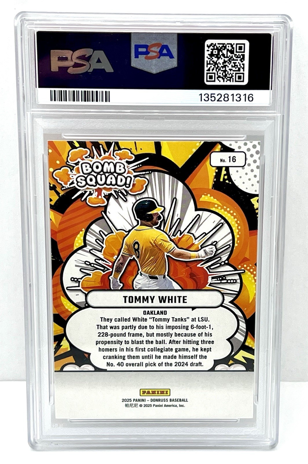 85/99 Tommy White 2025 Donruss Bomb Squad Pink Ice Rookie PSA 10 Gem Mint view 2