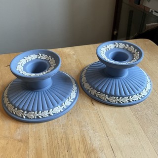 Wedgwood Jasper Blue Candle Holder Pair Set marked 1964