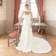 Thin Straps Square Neckline Satin A-Line Wedding Dress Elegant Lace-up Back