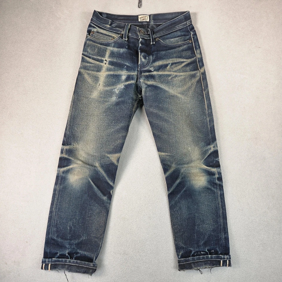 Jeans masculino nu e famoso selvedge favo de mel bigodes carteira desbotada remendada 26x27 - Imagem 2 de 4