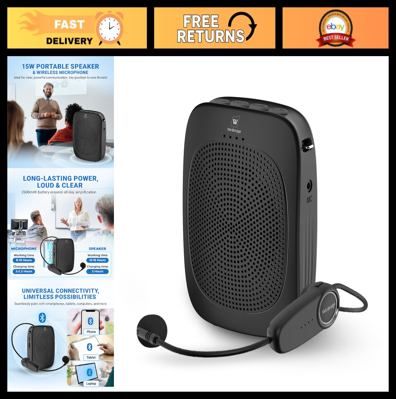 Wireless Voice Amplifier with Headset Mic, Portable Bluetoot