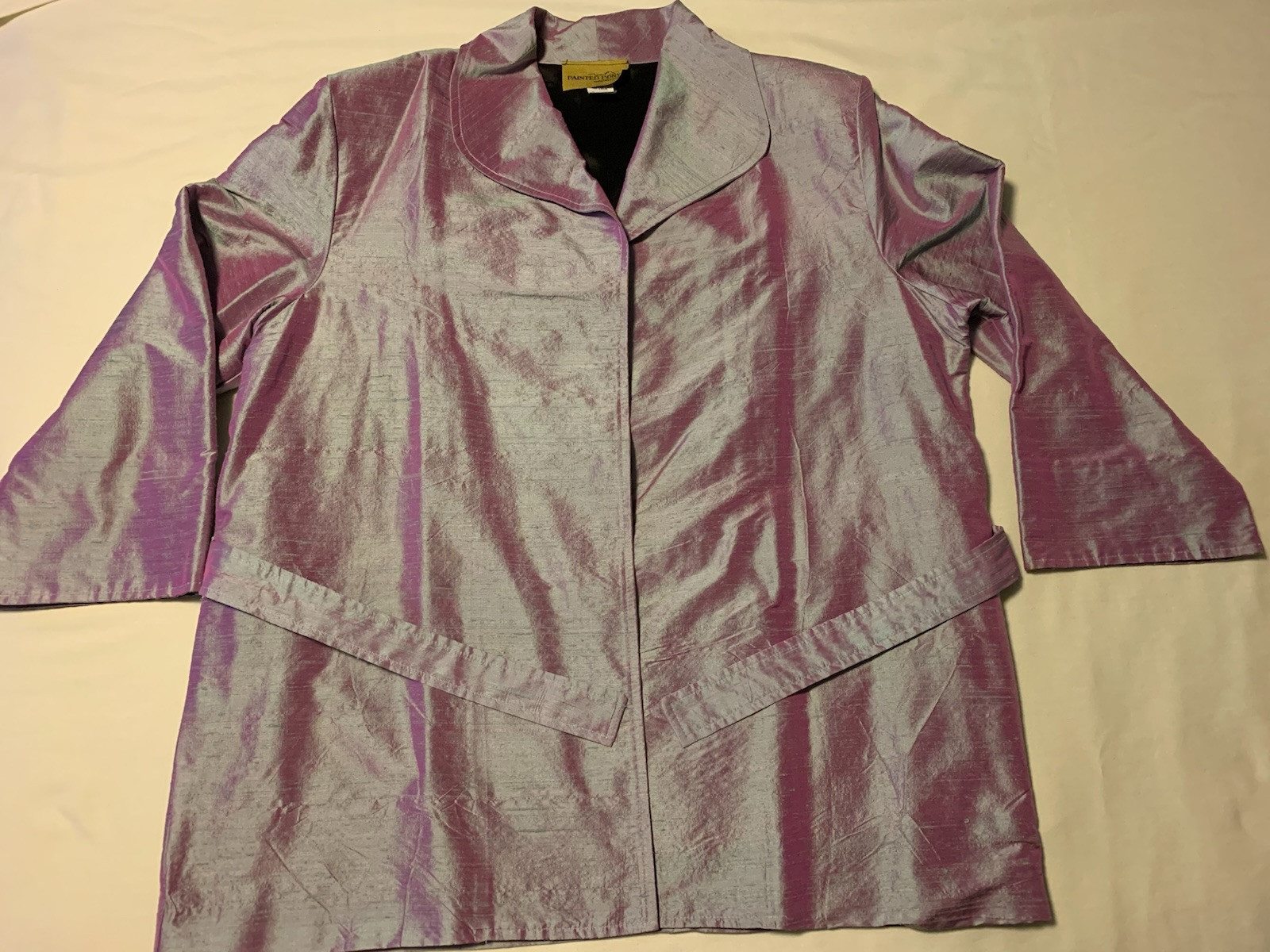 Pony dipinto vintage 100% seta taglia 1X giacca foderata aperta davanti viola cintura metallizzata