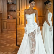 Simple A-Line Strapless Lace Pleat Wedding Dress Sleeveless Elegant Bride Gown