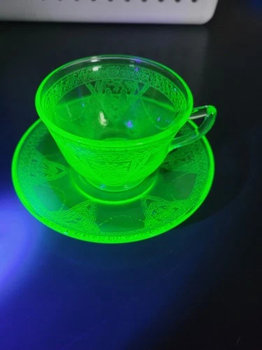 Green Depression UG Glass Tea Cup & Sauce Glows