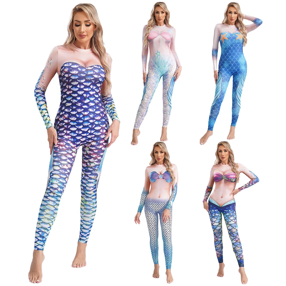 Womens Jumpsuit Carnival Mermaid Costume Dress Up Uniform Shiny Bodysuit Soft - Image 3 of 3