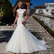 Tulle Mermaid Wedding Dresses Lace Applique Short Sleeve Backless Bridal Gowns