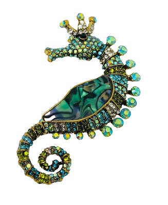 NEW 3 1/4'' H x  2 1/4'' W Gold Tone  Green Rhinestones Enamel SeaHorse Brooch Pin